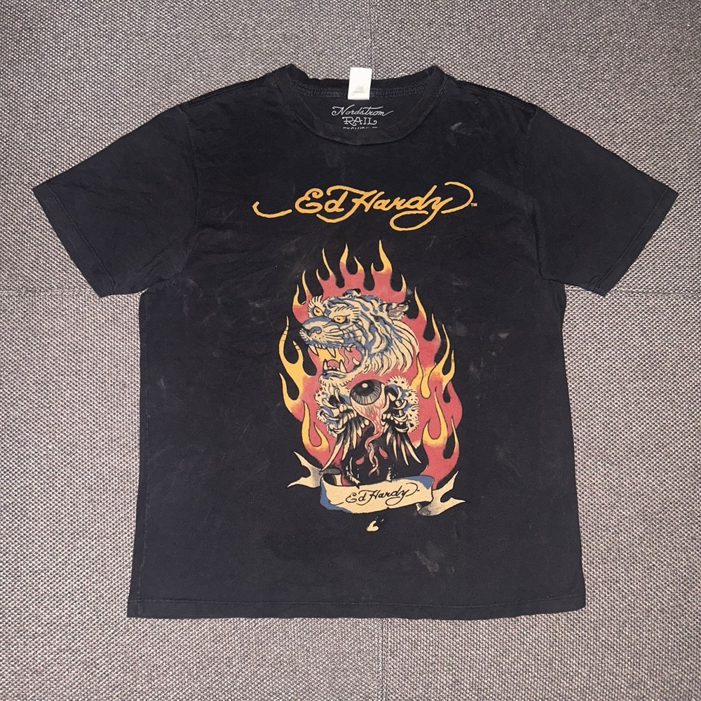 Rare Ed Hardy Japanese Tiger Flames Black Short Sleeve Grunge T Shirt Mens Large